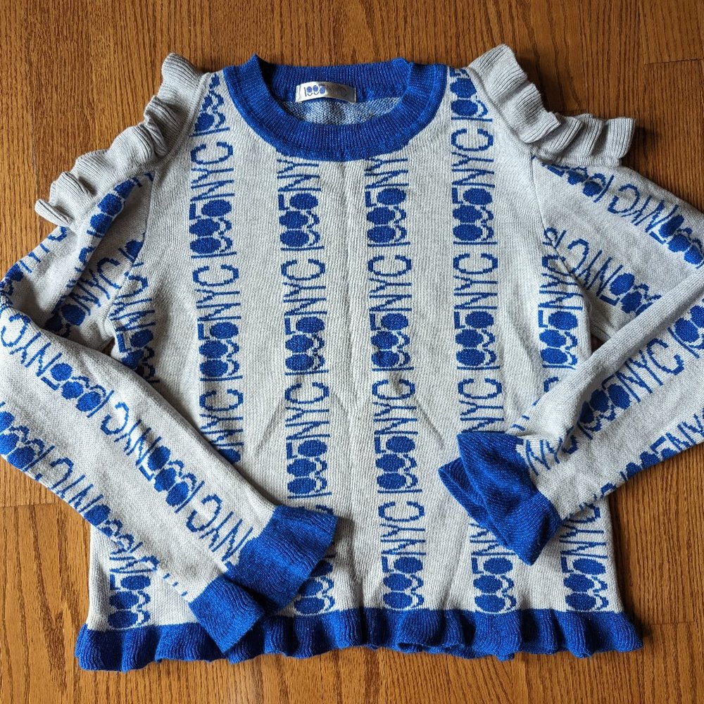Women's 1995NYC Cut Out Shoulder Sweater Ruffle Sparkle Gray Blue Medium